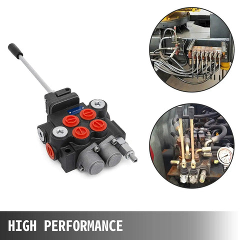 Heavy Duty Dual Spool Hydraulic Joystick Valve For Double Acting Cylinders With 11 GPM Flow And 3600 PSI Range, Directional Control Valve For Tractors, Loaders, Tanks And Log Splitters, Built Tough And Reliable featuring valve with red and gray controls and detailed machinery setup