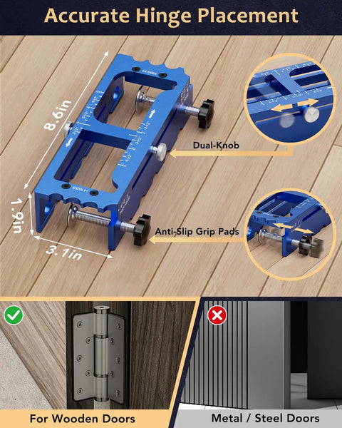 Adjustable Door Hinge Jig For Router with dual knobs, anti-slip grip pads, accurate hinge placement for 2.5 to 5 inch hinges.
