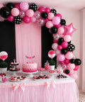 Party setup with 12 Inch Hot Pink And Black Balloons Party Kit With Confetti Dots For Girls Birthday Baby Shower Women Bridal Wedding Decor