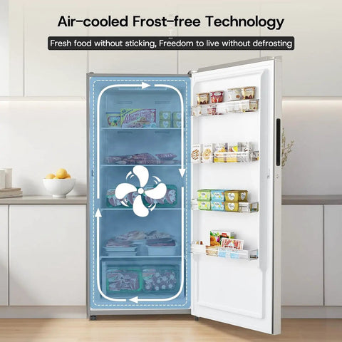 Top Shelf 14 Cubic Foot Upright Freezer With Convertible Fridge Design, showing frost-free interior and air-cooled technology.