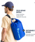 Person wearing a Lightweight Go-To Dry Bag Set Three-Piece 3L 5L 8L For Backpacking Hiking Camping Kayaking And Travel