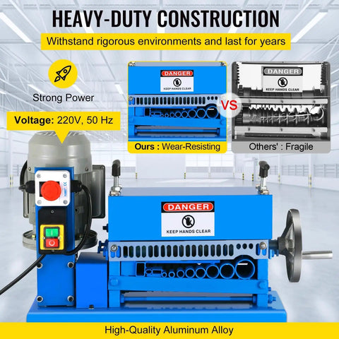 Top-Tier Heavy-Duty Electric Wire Stripping Machine, 370W Powerhouse For Robust Cable Peeling with 220V motor, durable aluminum build.