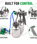 Zero Hassle Dual Nozzle Paint Sprayer With 1.3Mm Chrome Nozzle, Pressure Feed Design; features dual bottle feed and metal body.
