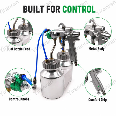 Zero Hassle Dual Nozzle Paint Sprayer With 1.3Mm Chrome Nozzle, Pressure Feed Design; features dual bottle feed and metal body.