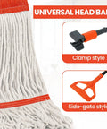 Close-up of Six Pack Safety Orange Cotton Mop Head Replacements, showcasing universal clamp and side-gate headband styles.