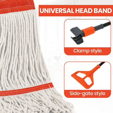 Close-up of Six Pack Safety Orange Cotton Mop Head Replacements, showcasing universal clamp and side-gate headband styles.
