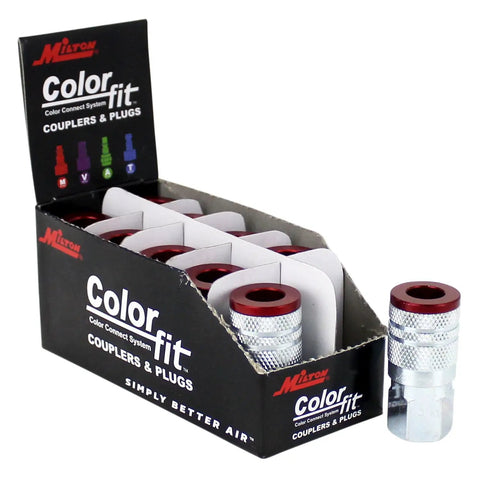 Box of M Style Red Pneumatic Couplers For Air Lines One Quarter Inch NPT Female Quick Connects Set Of Ten
