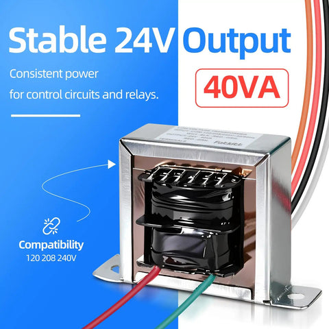 Pro Grade Industrial Control Transformer 24V 40VA Multi Tap 120 208 240V To 24V AC With Foot Mount For HVAC shown with leads