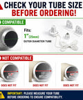 Compatibility guide for All In One 1 Inch Roller Blind Repair Kit For 25mm Tubes with images of compatible and incompatible tube sizes