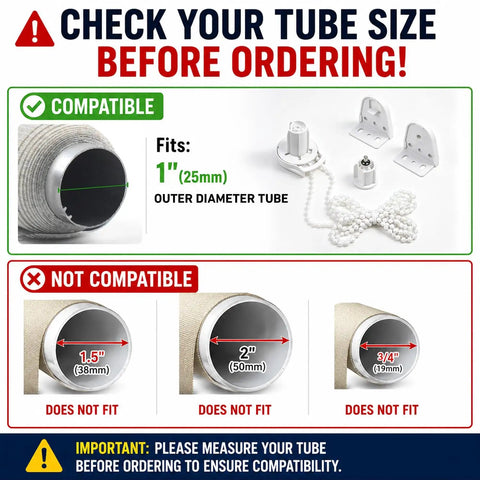 Compatibility guide for All In One 1 Inch Roller Blind Repair Kit For 25mm Tubes with images of compatible and incompatible tube sizes