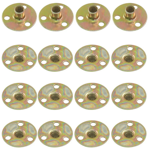 16 Pack One Quarter Inch Twenty Brad Hole T Nuts with Round Base, Carbon Steel, Galvanized Finish, for Furniture Hardware