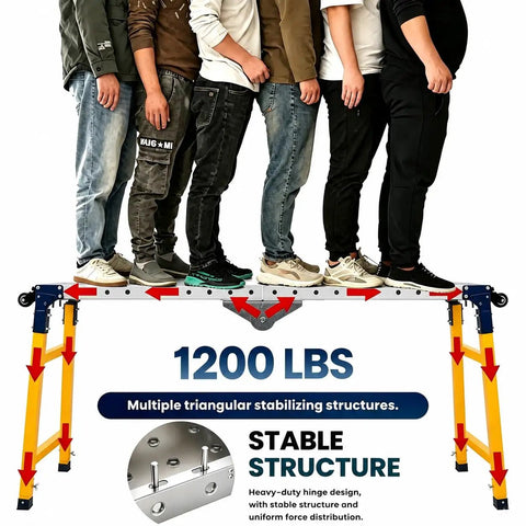 Rock Solid 1200 Pound Folding Welding Workbench On Wheels supporting 5 people, showcasing stability and strength in a heavy-duty design.