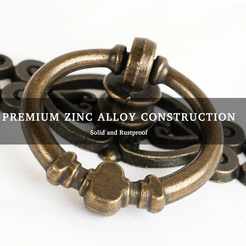 Antique Bronze Ring Pull Handles Set Of 8 With Ornate Backplates For Furniture Restoration, close-up of vintage ring pulls.
