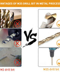 Comparison of M2 vs M35 drill bits showing effectiveness in metal processing, highlighting the One Eighth Inch Cobalt Drill Bit Set Workhorse For Tough Metals M35 Cobalt High Speed Steel Jobber Length Twist Bits Ideal For Drilling Hard Metal Stainless Steel Cast Iron Twenty Pieces With 135 Degree Split Point For Faster Cutting And Longer Life.