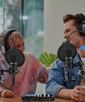 Two Person Podcast Studio Bundle With DJ Mixer And Three Point Five Millimeter Diaphragm Condenser Microphones setup with users