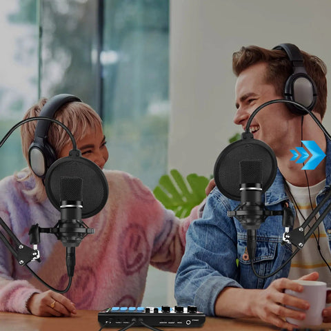 Two Person Podcast Studio Bundle With DJ Mixer And Three Point Five Millimeter Diaphragm Condenser Microphones setup with users