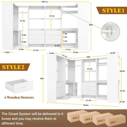 Top Notch White Closet Storage System Featuring Six Sturdy Wood Drawers Six Hanging Rods Corner Tower Shelf And Open Bottom Shoe Bin detailed dimensions and style options.