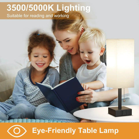 Nightstand Lamp With 3 Color Temperatures 2700K 3500K 5000K, USB C And USB A Ports, Pull Chain Control, family reading by lamp