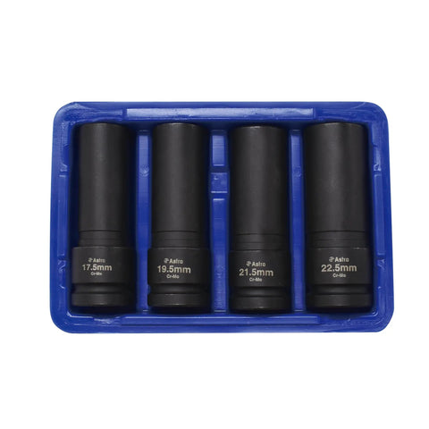 4-Piece Half Inch Drive Thin Wall Lug Nut Socket Set For Damaged, Swollen, And Stuck Lug Nuts, Sizes 17.5mm, 19.5mm, 21.5mm, 22.5mm