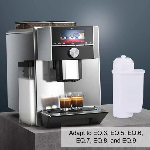 8 Pack Replacement Water Filters For Siemens Eq Series And Bosch Vero Coffee Machines With Premium Activated Carbon For Straight Up Fresh Brews Total Zero Drama with coffee machine and filter cartridge.