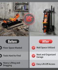 Heavy Duty Jack Stand Wall Mount Organizer For Hydraulic Trolley Jacks And Garage Tools Wall Mounted Tool Holder And Hangers Rack For Secure Storage Space Saving And Easy Access shown in before and after garage view