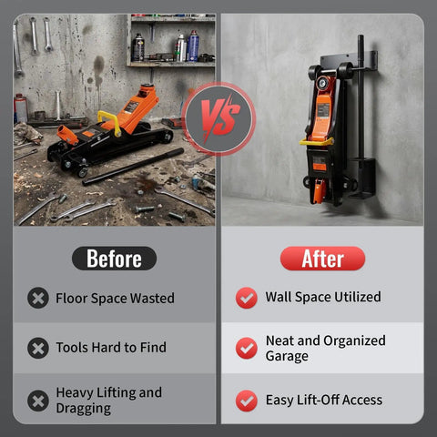 Heavy Duty Jack Stand Wall Mount Organizer For Hydraulic Trolley Jacks And Garage Tools Wall Mounted Tool Holder And Hangers Rack For Secure Storage Space Saving And Easy Access shown in before and after garage view