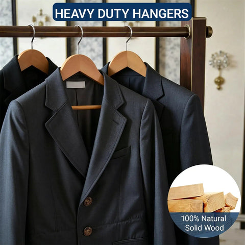 Straight Up Premium Quality Natural Wooden Coat Hangers Thirty Pack Flat Profile Wood Suit Hangers For Suits Jeans Coats And Dresses Anti Rust Metal Hooks Closet Flex with heavy duty suits displayed.