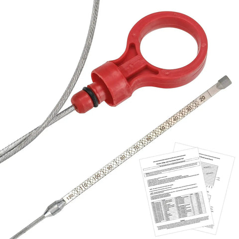 Dodge Chrysler Jeep Ram VW Volkswagen Transmission Dipstick Upgrade With Clear Grid Scales and instruction manuals visible