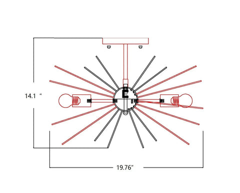 Diagram of Gold Spike Sputnik Flush Mount Ceiling Light 20 Inch Mid Century Starburst Chandelier in brass with dimensions.