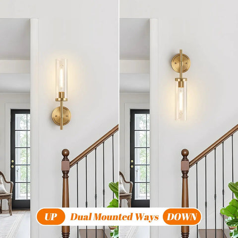 Modern Brushed Gold Wall Sconces Set Of Two With Clear Glass Hardwired Adjustable Up Or Down Vanity Light Fixture For Bathroom Smooth Vibe Upgrade, displayed in upward and downward orientations.
