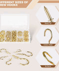 Gold Cup Hooks Set With 110 Pieces In Six Sizes displayed in box with labels for sharp tip, carbon steel, and no burrs features.