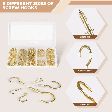 Gold Cup Hooks Set With 110 Pieces In Six Sizes displayed in box with labels for sharp tip, carbon steel, and no burrs features.