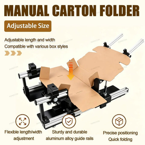 Heavy Duty Manual Box Folding Tool Adjustable Corrugated Cardboard Folder with adjustable guide rails and four flaps ready for folding.