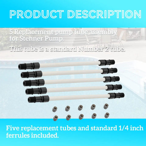 Five pump tubes with ferrules, part of Pump Tube Replacement Kit for Stenner Pumps, 5 Pack, Fits Classic SVP and M128 Models.