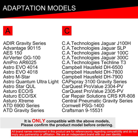 SOEOSSUM spray gun adapter 16 mm female PPS, compatibility chart showing two columns (A and C) of automotive models.