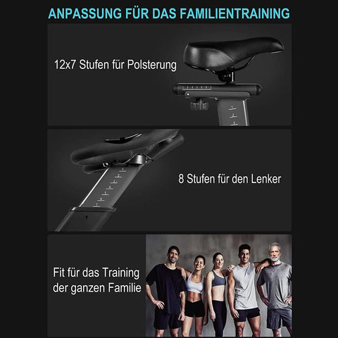 Quiet Indoor Cycling Bike With LCD Monitor And Heart Rate Tracking showing adjustable seat and people standing, for home gym use.
