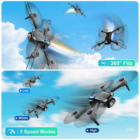 1080P HD Foldable Mini Drone With Remote Control Stable Hover performing 360° flips showcasing 3 speed modes