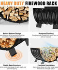 Built Tough Heavy Duty Metal Firewood Rack For Indoor And Outdoor Use With 24 Inch Large Capacity Arc Shape Design showing features