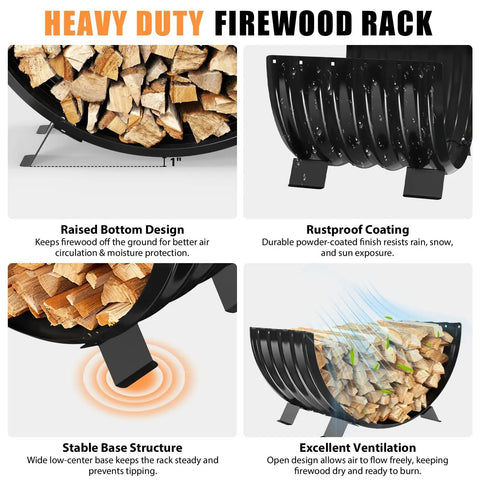 Built Tough Heavy Duty Metal Firewood Rack For Indoor And Outdoor Use With 24 Inch Large Capacity Arc Shape Design showing features