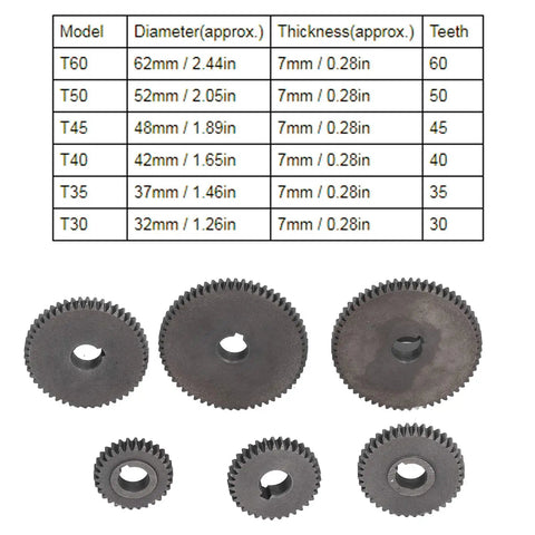 Heavy Duty 9 Piece Metal Gear Set For Mini Lathe with sizes T60 to T30 for precise machining replacement parts.