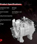 Keep Your Daily Driver Chillin And Stress Free With This Heavy Duty AC Compressor With Clutch Built For Nissan Altima and Rogue SL SV Models L4 2Point5 Gas Engines Straight Bolt Up Direct Fits Great, showing compressor specifications.
