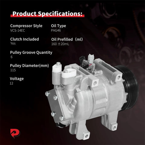 Keep Your Daily Driver Chillin And Stress Free With This Heavy Duty AC Compressor With Clutch Built For Nissan Altima and Rogue SL SV Models L4 2Point5 Gas Engines Straight Bolt Up Direct Fits Great, showing compressor specifications.