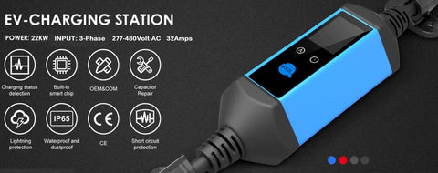 Beefy 22kW 3-Phase Wall Mount EV Charger with blue casing, 277-480V AC, 32A max, featuring SAE J3068 plug and IEC60309 options.