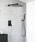Matte Black Shower System With 10 Inch Rain Head And Handheld Pressure Balance Valve Kit Included mounted in bathroom