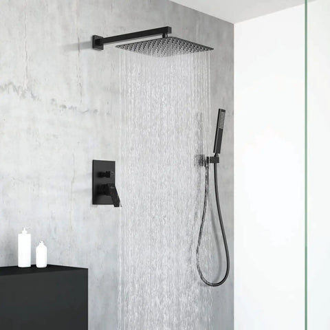 Matte Black Shower System With 10 Inch Rain Head And Handheld Pressure Balance Valve Kit Included mounted in bathroom