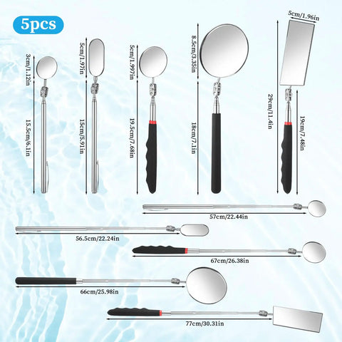 Image of Five Piece Telescoping Inspection Mirror Set With Retractable Handles And 360 Degree Rotating Mirror Heads, Stainless Steel