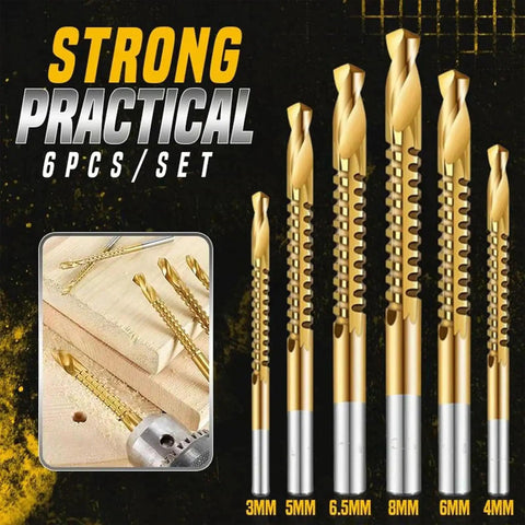 High Speed Steel Titanium Coated 6 Piece Metalworking Tool Set For Drilling, Cutting, And Carving Like A Boss With Serrated Edges For Quick Debris Discharge, Smooth Cuts, And Precision Positioning In Carbon Steel Kit, 3-8 mm drill bits
