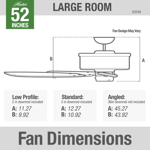 Side view of Hunter 52 Inch Indoor Ceiling Fan No Light With Pull Chain White 5 Blades Standard Mount For Bedroom Living Room Or Kitchen Whisper Quiet Efficient Builder Elite 53240 Snow White highlighting low profile, standard, and angled mounting dimensions.