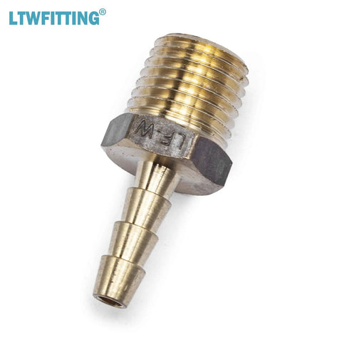 Heavy Duty Lead Free Brass Barb Coupler And Connector 3/16 Hose Barb By 1/4 Male Npt Pipe Thread Fitting displayed at an angle.