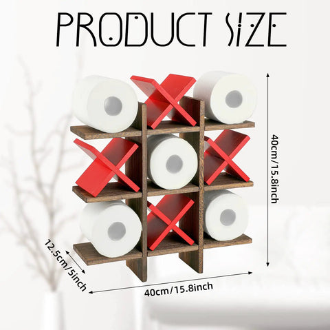 Tic Tac Toe Toilet Paper Holder Stand With Rustic Farmhouse Wood Decor shown with size dimensions and red X pieces